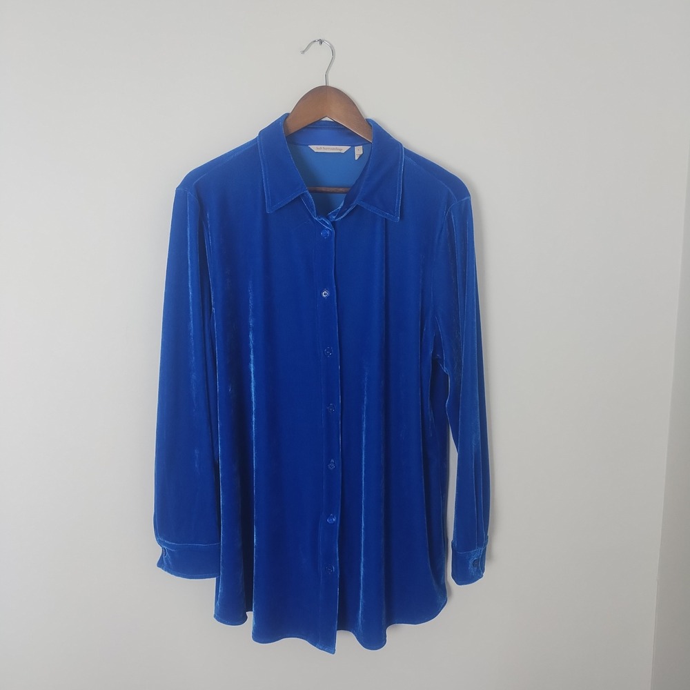 Soft Surroundings Velvet Button Up Shirt Women's Large Blue Stretch Luxe Chic